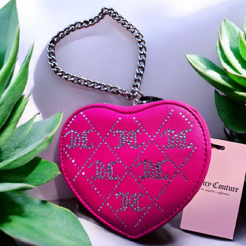 NEW Juicy Couture Rasberry  Crystal Crush Heart Wallet Wristlet Zip 5"x5" NWT